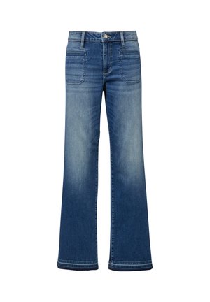 Blue denim jeans with wide legs, front patch pockets, button closure, and faded areas on thighs and knees.