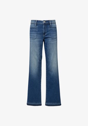 Blue denim jeans with wide legs, front patch pockets, button closure, and faded areas on thighs and knees.