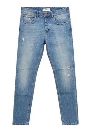 Jeans skinny azzurri chiari con leggeri dettagli consumati sulle cosce e chiusura con bottone in vita.