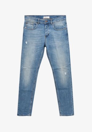 Jeans skinny azzurri chiari con leggeri dettagli consumati sulle cosce e chiusura con bottone in vita.