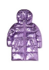 Giacca a vento viola con una finitura metallica lucida. Dotata di cappuccio, chiusura con zip e due tasche frontali. Il design trapuntato aggiunge texture.