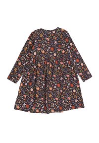 Langärmliges Kleid mit navyfarbigem Hintergrund, bunten Blumen- und Blättermustern, geraffter Taille und rundem Ausschnitt.