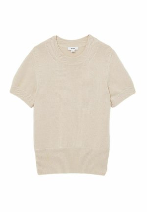 Pull en maille beige clair à manches courtes, col rond et ourlet côtelé. Présente une texture subtile et des détails de ventilation près des épaules.