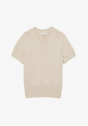 Pull en maille beige clair à manches courtes, col rond et ourlet côtelé. Présente une texture subtile et des détails de ventilation près des épaules.