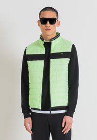 Gilet trapuntato verde chiaro con una striscia orizzontale nera, chiusura con zip e colletto alto, indossato sopra una maglietta nera a maniche lunghe. Occhiali da sole neri.