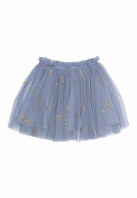 Gonna in tulle azzurro chiaro con vita arricciata e motivi di fiocchi ricamati in oro, caratterizzata da un tessuto a strati e trasparente per un aspetto testurizzato.