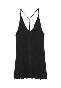 Haut sans manches en crochet noir avec décolleté en V et fines bretelles spaghetti formant un dos en Y.