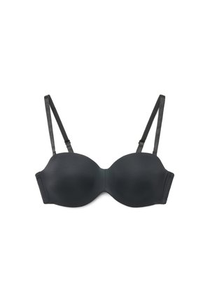 Reggiseno imbottito nero con spalline sottili regolabili e supporto con ferretto, mostrato disteso su sfondo bianco.