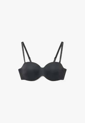 Reggiseno imbottito nero con spalline sottili regolabili e supporto con ferretto, mostrato disteso su sfondo bianco.