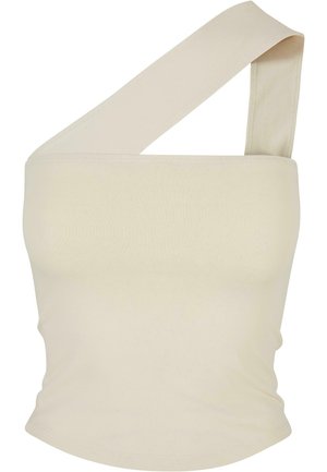 Asymmetrisch beige top met een brede schouderband, gemaakt van zachte, rekbare stof met een aangesloten silhouet en een gladde textuur.