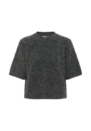 Pull à manches courtes en tricot gris foncé, présentant une coupe ample, un large col rond et un tissu texturé avec une finition douce.