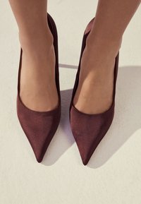 Bourgognefarvede satin pumps med høje hæle, spids snude og glat finish, med en lav udskæring for en slank silhuet.