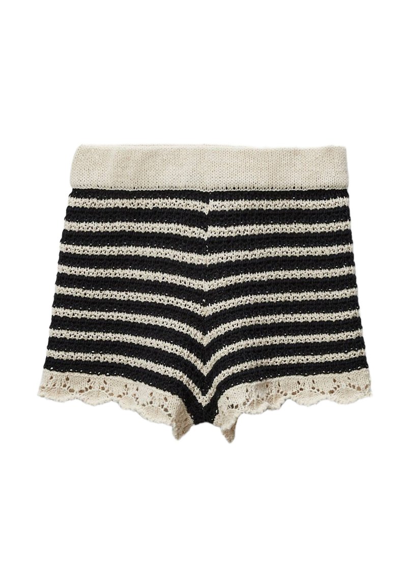 Shorts en tricot à rayures noir et crème avec un ourlet festonné. Le tissu présente une texture et une taille élastique.