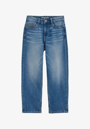 Kék farmer egyenes szabással, világos mosással, finom kifakulással, öt zsebbel és gombos elülső zárral.