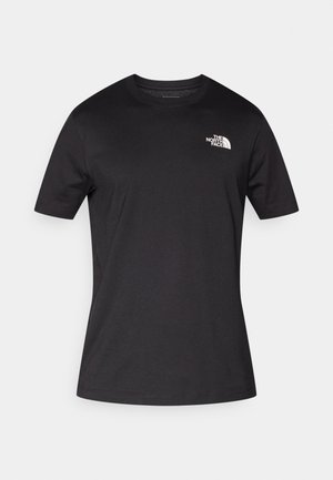 Black short-sleeve t-shirt made of cotton with a round neck. Features a white logo on the upper left side. Smooth texture throughout.