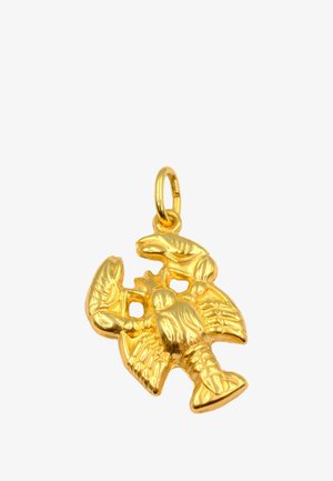 Pendente a forma di aragosta in oro con texture dettagliata, che presenta chele e una coda. Include un anello per il fissaggio. Finitura metallica brillante.