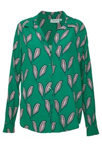 Blusa verde con bottoni, caratterizzata da un motivo a foglie nei toni di rosa e nero. Il tessuto ha una texture liscia con un morbido drappeggio e maniche lunghe.