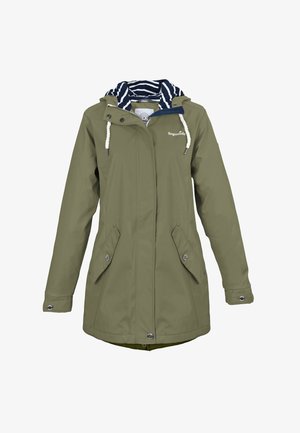 Olive green waterproof jacket with a striped navy inner lining, adjustable hood, and two front pockets with snap closures.
