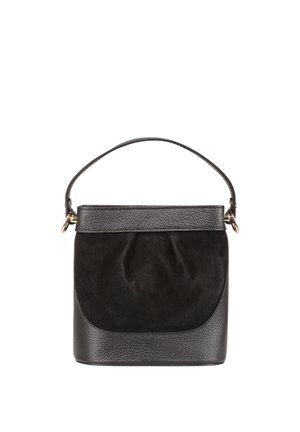 Sac à main en cuir et suède noir avec une poignée courte et des ferrures dorées, présentant une forme rectangulaire structurée et un rabat à rabat.
