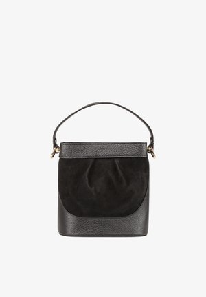 Black leather and suede handbag with a short handle and gold-tone hardware, featuring a structured rectangular shape and fold-over flap.