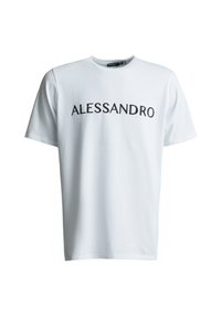 Camiseta de algodón blanca con el texto "ALESSANDRO" en negro, con bordado ligeramente en relieve. Mangas cortas y un escote redondo clásico.