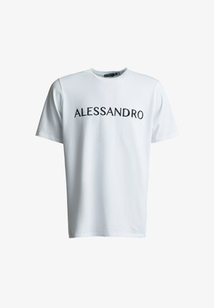 Witte katoenen T-shirt met de tekst "ALESSANDRO" in zwart, iets verhoogde borduursel. Korte mouwen en een klassieke ronde halslijn.