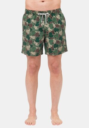 Shorts da bagno verdi con un motivo giocoso di rane dei cartoni animati, dotati di vita elastica e chiusura con cordino. Tessuto leggero, lunghezza fino al ginocchio.