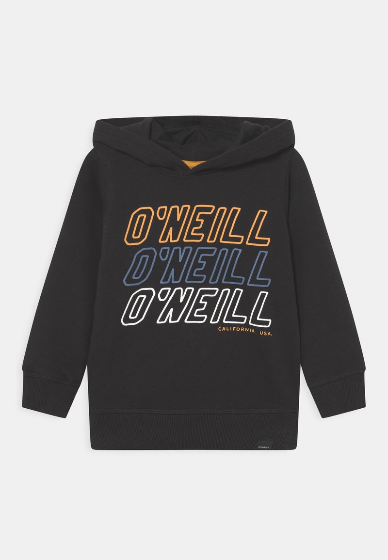 Sweat à capuche noir avec "O'NEILL" imprimé trois fois en orange, bleu et blanc, et "CALIFORNIA USA." en petit texte orange en dessous.