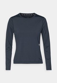 Long-sleeve dark grey athletic shirt made of smooth fabric, featuring a crew neckline and subtle accent details on the shoulders.