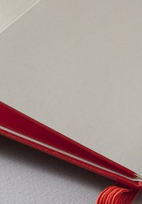 Copertina di un quaderno grigio con dorso rosso e fascia elastica arancione. La texture è liscia e le cuciture lungo il bordo sono visibili.