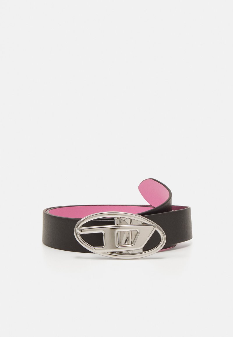 Black leather belt featuring a silver oval buckle with a cut-out design. Inside is a vibrant pink lining. The belt has a smooth texture.