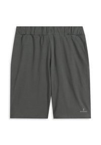 Pantalones cortos deportivos grises con cinturilla elástica y diseño minimalista. La tela parece suave y ligera. Logotipo de la marca ubicado en la parte inferior delantera.