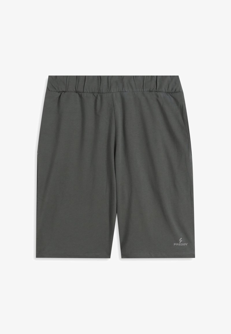 Pantalones cortos deportivos grises con cinturilla elástica y diseño minimalista. La tela parece suave y ligera. Logotipo de la marca ubicado en la parte inferior delantera.