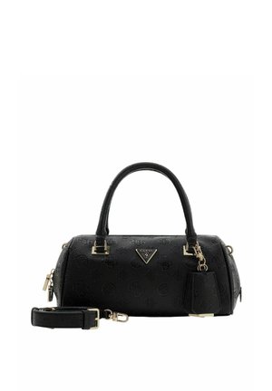 Sac à main en similicuir noir avec surface texturée, forme arrondie, double poignée, ferrures dorées, et une bandoulière et une étiquette détachables.