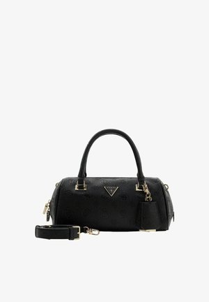 Sac à main en similicuir noir avec surface texturée, forme arrondie, double poignée, ferrures dorées, et une bandoulière et une étiquette détachables.