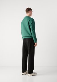 Sudadera verde con cuello redondo, puños acanalados y dobladillo; combinada con pantalones negros y zapatos de color claro. Vista desde la parte trasera.