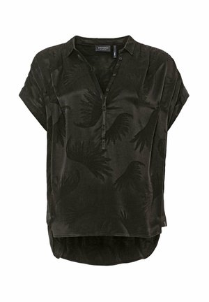Black short-sleeve blouse with a buttoned placket, featuring a subtle leaf pattern and a slightly longer back hem. Smooth fabric texture.