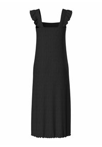 Robe midi noire avec larges bretelles et détails à volants aux épaules, silhouette droite et tissu subtilement texturé.