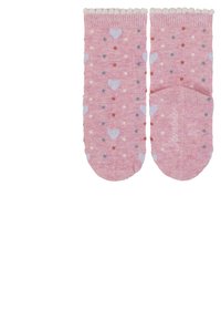 Rosa Socken mit einem gerippten Muster, versehen mit weißen, blauen und orangen Herzen und Punkten. Der obere Rand hat eine gewellte Kante.