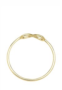 Goldener Ring mit einem glatten, dünnen Band und einem Unendlichkeitssymbol an der Spitze, geprägt von verschlungenen Linien und einem polierten Finish.