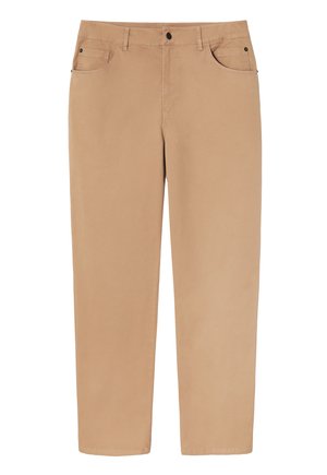 Beige cotton trousers with a straight leg, front pockets, and button closure. Smooth texture with a classic fit for versatile wear.