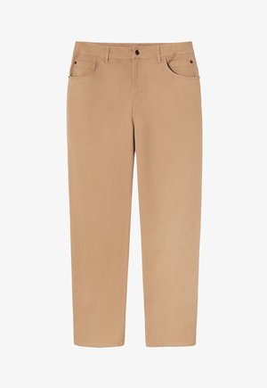 Beige cotton trousers with a straight leg, front pockets, and button closure. Smooth texture with a classic fit for versatile wear.