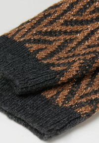 Gestrickte Handschuhe in Dunkelgrau und Braun mit einem strukturierten Zickzackmuster. Der Stoff hat einen metallischen Glanz, der visuelles Interesse hinzufügt.