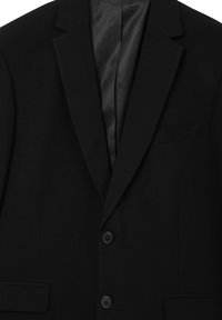 Schwarzer Blazer aus glattem Stoff, mit Reverskragen, zwei Knöpfen und einer Brusttasche auf der linken Seite.