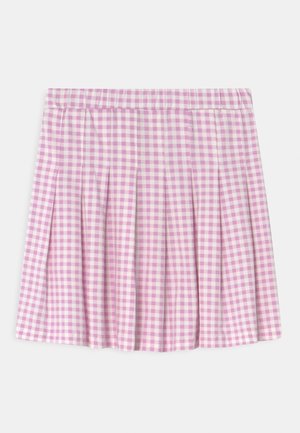Lyserødt og hvidt gingham-nederdel med plisseringer, elastisk taljebånd og letvægtsstof. Designet har et ternet mønster og en vid udkant.