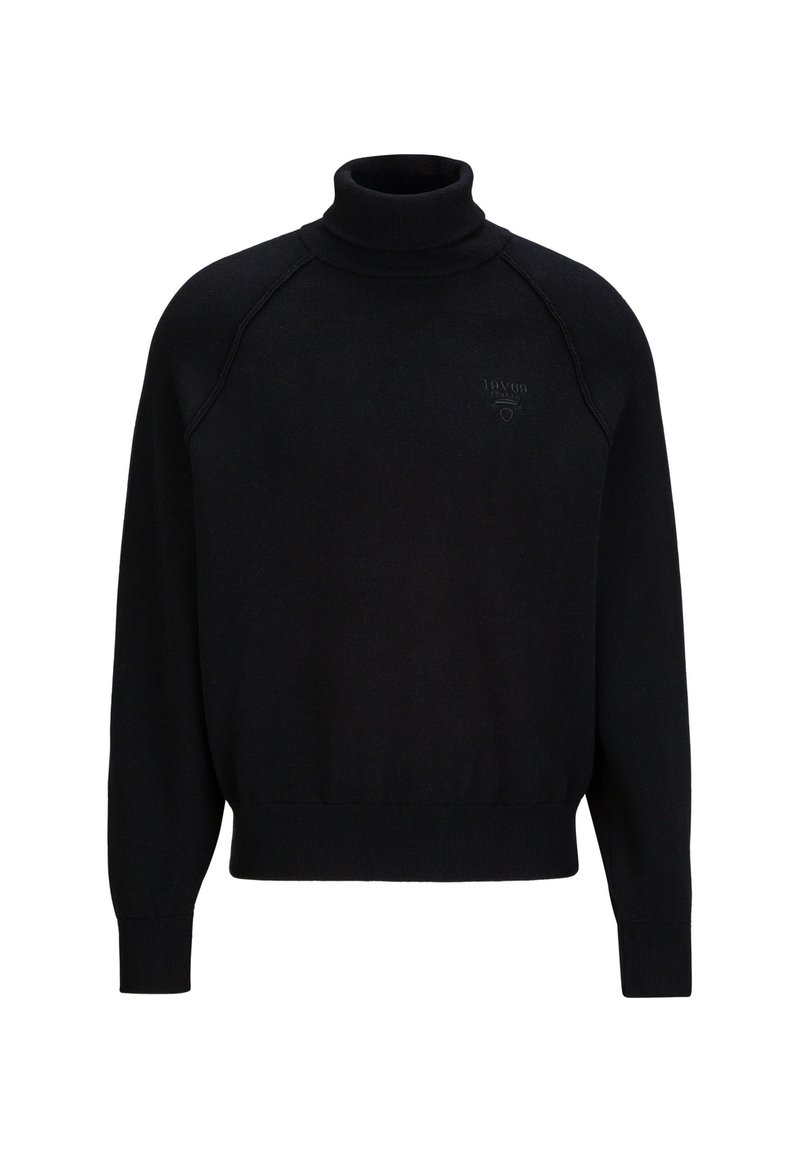 Schwarzer Rollkragenpullover aus Strickstoff, mit gerippten Bündchen und Saum, einem subtilen Logodetail auf der Brust und Raglanärmeln.