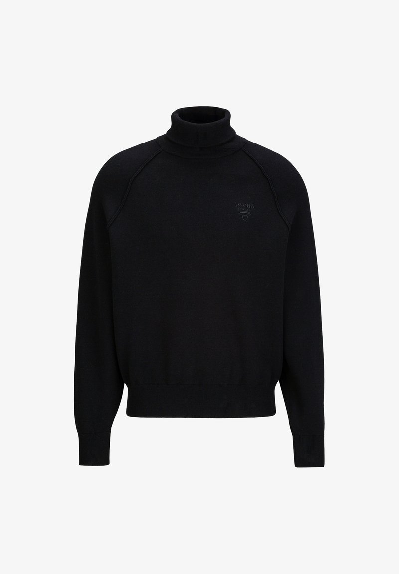 Schwarzer Rollkragenpullover aus Strickstoff, mit gerippten Bündchen und Saum, einem subtilen Logodetail auf der Brust und Raglanärmeln.