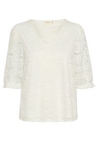 Hvid blonde top med V-hals, pudrede kortærmer og blomsterdesign. Stoffet har et tekstureret, indviklet blonde mønster.