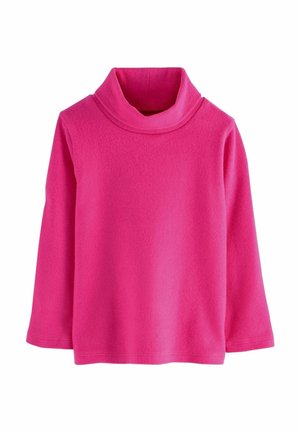 Pull à col roulé à manches longues de couleur rose vif, avec une texture douce et lisse, et une coupe ample et confortable.