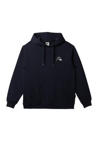 Felpa cappuccio blu navy realizzata in tessuto morbido, con tasca frontale, cappuccio regolabile con cordino e un piccolo logo bianco sul petto.